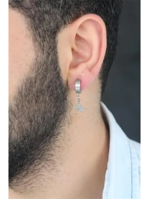 Silver Renk Kaplama Osmanlı Tuğra Figürlü Kıstırmalı Çelik Erkek Küpe