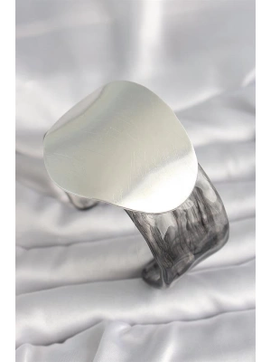 Siyah Mermer Desen Akrilik Pilastik Gümüş Plaka Model Vintage Kadın Bilezik