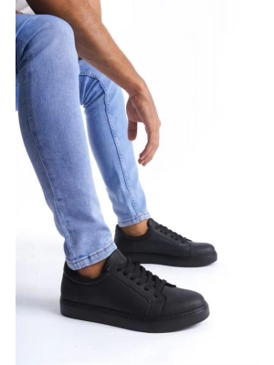 SLW165 Elite Bağcıklı Cilt Erkek Günlük Sneaker Ayakkabı ST - Siyah