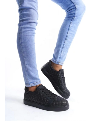 SLW166 Prestige Bağcıklı Cilt Kapitone Desenli Erkek Günlük Sneaker Ayakkabı ST - Siyah