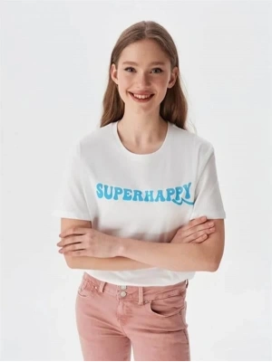Super Happy Bisiklet Yaka T- Shirt Beyaz