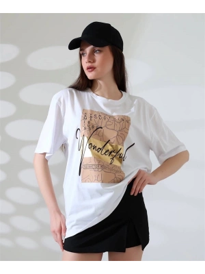 Varak Baskılı imza desen Kadın T-Shirt