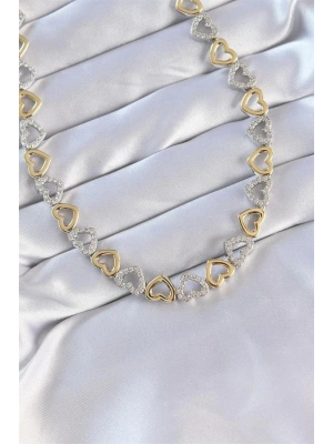 Vip Seri Pirinç Çift Renk Zirkon Taşlı İçi Boş Kalp Tasarımlı Kolye