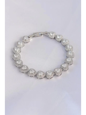 Vip Seri Pirinç Zirkon Taşlı Gümüş Renk Kalp Model Bileklik