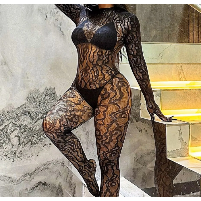 Kadın Seksi Leopar Desenli Transparan File Tulum Uzun Kollu Eldivenli Büyük Beden Vücut Çorabı