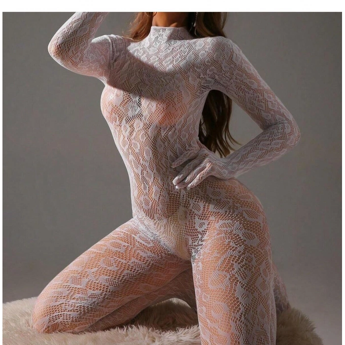 Kadın Seksi Leopar Desenli Transparan File Tulum Uzun Kollu Eldivenli Büyük Beden Vücut Çorabı