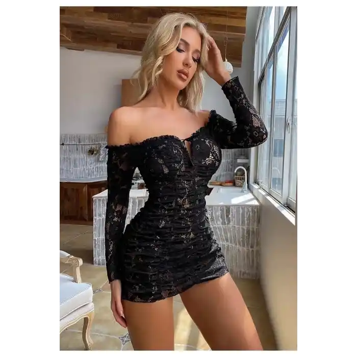 Büzgülü Dantelli Kayık Yaka Elbise Büyük Bedenlere Uygun