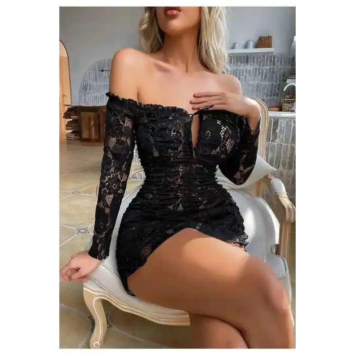 Büzgülü Dantelli Kayık Yaka Elbise Büyük Bedenlere Uygun