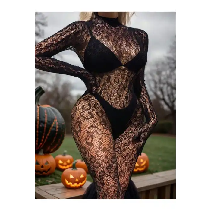 Kadın Özel Bölgesi Açık Siyah Leopar Fantazi Vücut Çorabı