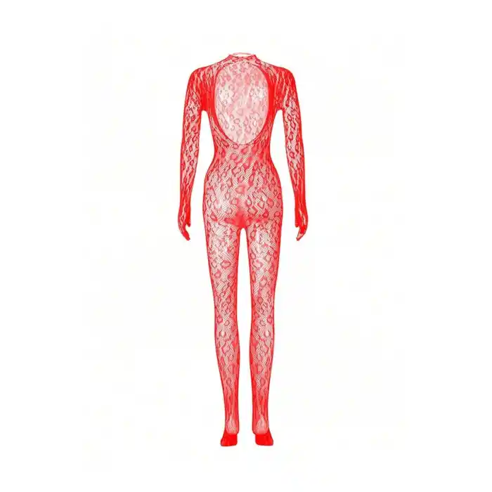 Kadın Seksi Leopar Desenli Transparan File Tulum Uzun Kollu Eldivenli Büyük Beden Vücut Çorabı