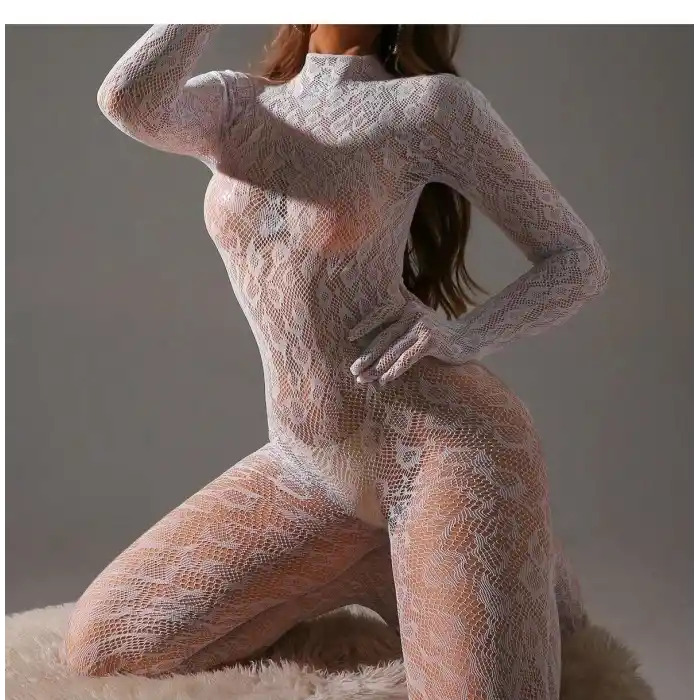 Kadın Seksi Leopar Desenli Transparan File Tulum Uzun Kollu Eldivenli Büyük Beden Vücut Çorabı