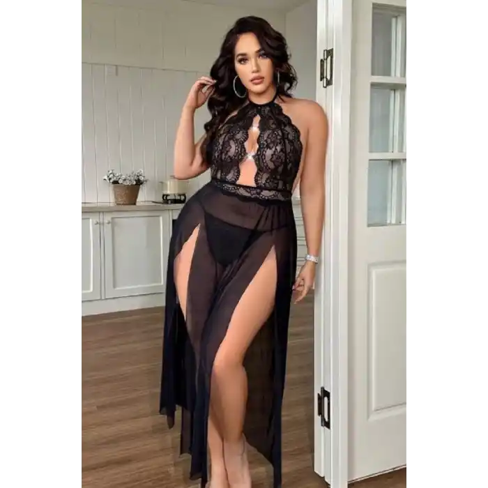 Uzun Gecelik Yırtmaçlı Dantel Göğüs detaylı Sık Romantik Kadın Gecelik