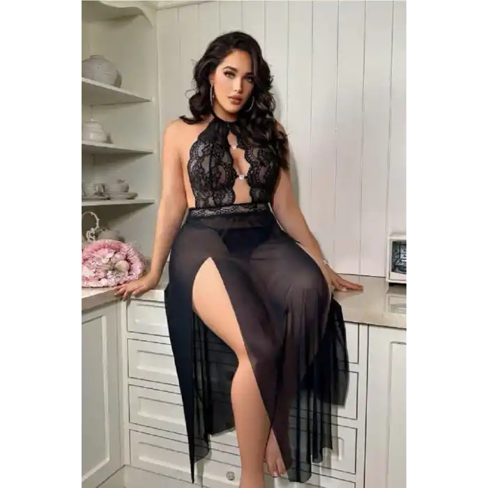 Uzun Gecelik Yırtmaçlı Dantel Göğüs detaylı Sık Romantik Kadın Gecelik