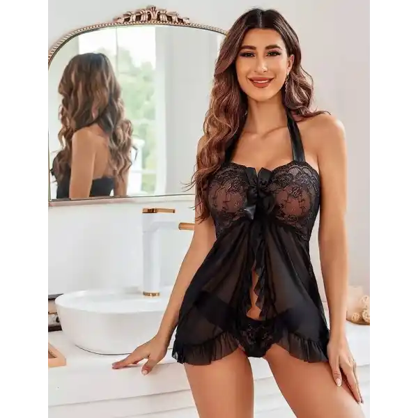 Dantel ve Tül Detaylı Gecelik Takımı V2205