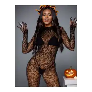 Kadın Özel Bölgesi Açık Siyah Leopar Fantazi Vücut Çorabı