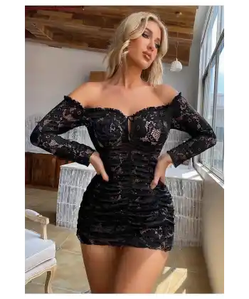 Büzgülü Dantelli Kayık Yaka Elbise Büyük Bedenlere Uygun