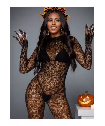 Kadın Özel Bölgesi Açık Siyah Leopar Fantazi Vücut Çorabı