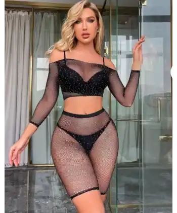 Kadın Seksi 2 Parça Taşlı Omuzları Açık Crop- Şort Vücut Çorabı
