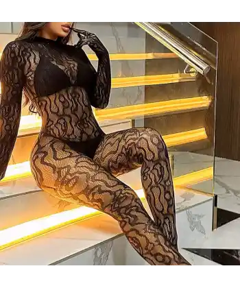 Kadın Seksi Leopar Desenli Transparan File Tulum Uzun Kollu Eldivenli Büyük Beden Vücut Çorabı