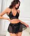Dantel ve Tül Detaylı Seksi Kadın Fantezi Gecelik Takımı V2702
