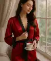 Saten ve Dantel Detaylı Sabahlık Takımı V2600
