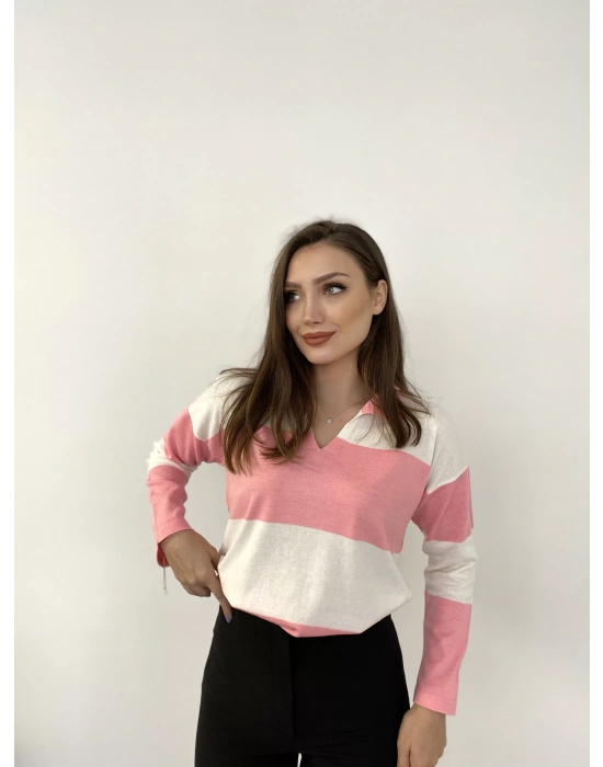 Çizgili Gömlek Yaka Kazak - Pembe