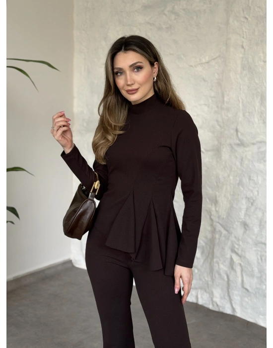 Asimetrik kesim scuba crep kumaş takım kahve