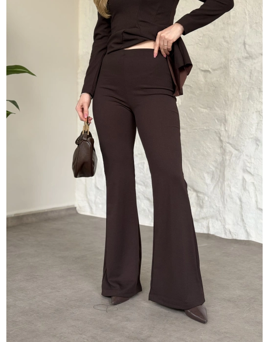 Asimetrik kesim scuba crep kumaş takım kahve