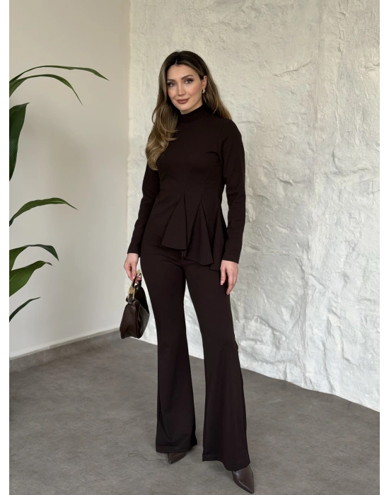 Asimetrik kesim scuba crep kumaş takım kahve