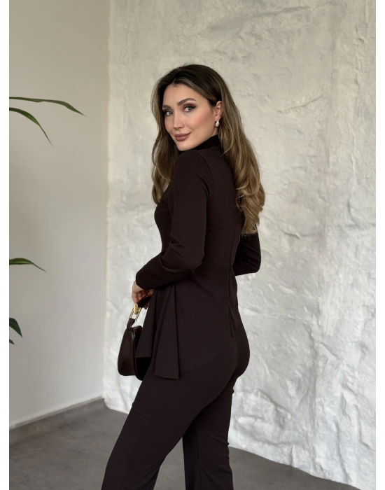 Asimetrik kesim scuba crep kumaş takım siyah