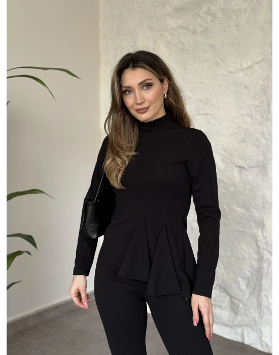 Asimetrik kesim scuba crep kumaş takım siyah