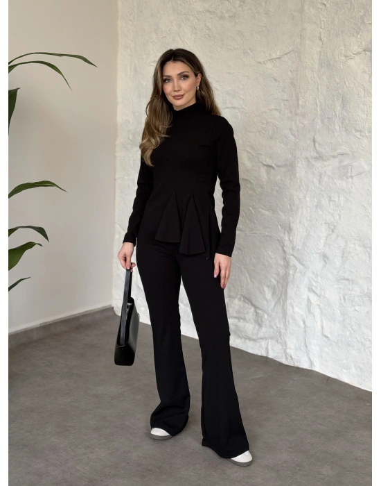 Asimetrik kesim scuba crep kumaş takım siyah