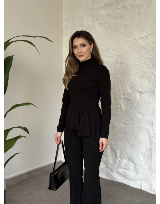 Asimetrik kesim scuba crep kumaş takım siyah