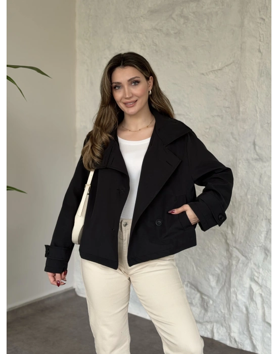 Premium torino kumaş boğazlı düğmeli kısa trenç siyah