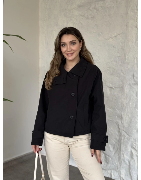 Premium torino kumaş boğazlı düğmeli kısa trenç siyah