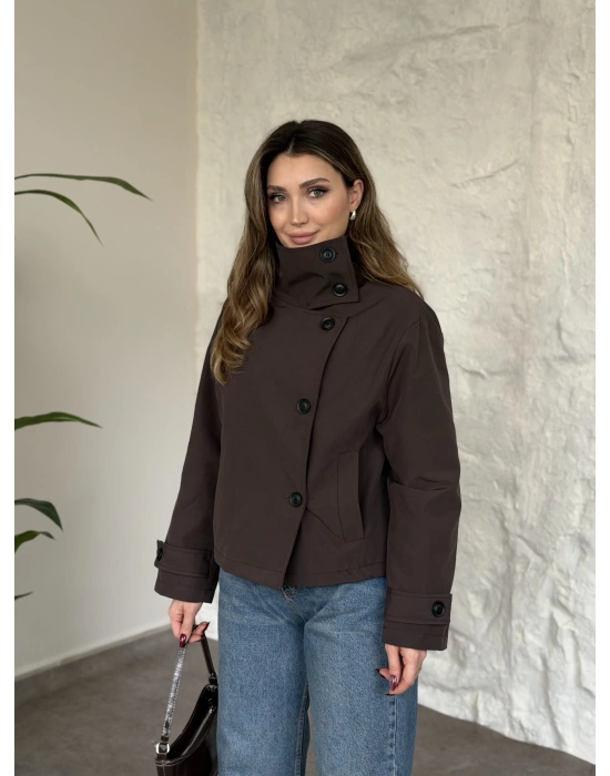 Premium torino kumaş boğazlı düğmeli kısa trenç kahve