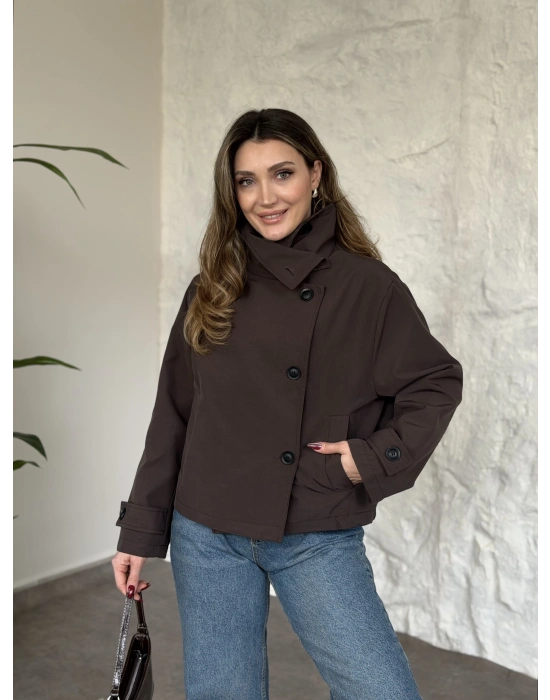 Premium torino kumaş boğazlı düğmeli kısa trenç kahve