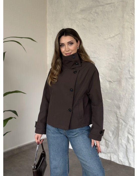 Premium torino kumaş boğazlı düğmeli kısa trenç kahve