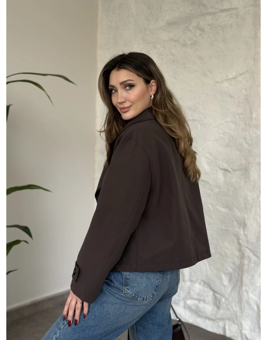 Premium torino kumaş boğazlı düğmeli kısa trenç kahve