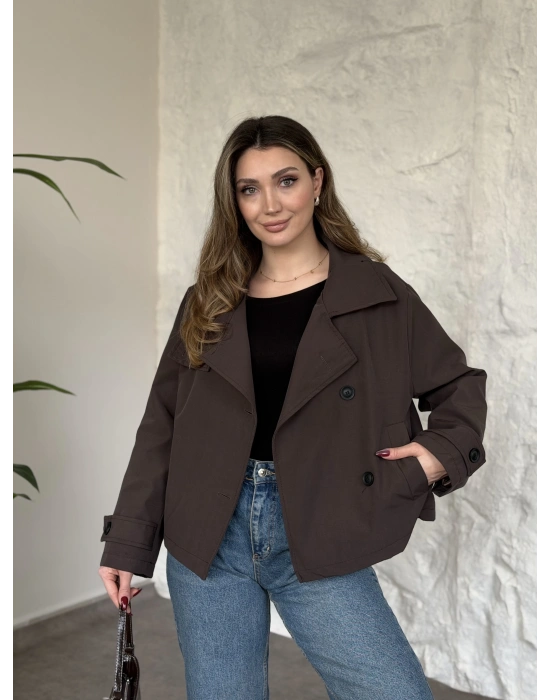 Premium torino kumaş boğazlı düğmeli kısa trenç kahve