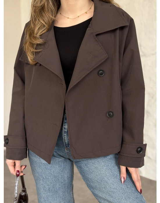 Premium torino kumaş boğazlı düğmeli kısa trenç kahve