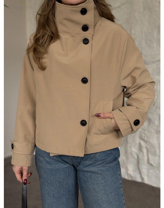 Premium torino kumaş boğazlı düğmeli kısa trenç bej