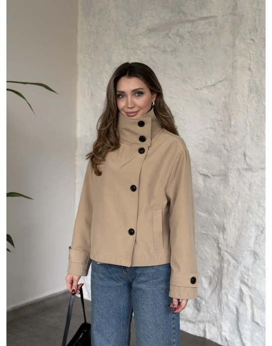 Premium torino kumaş boğazlı düğmeli kısa trenç bej