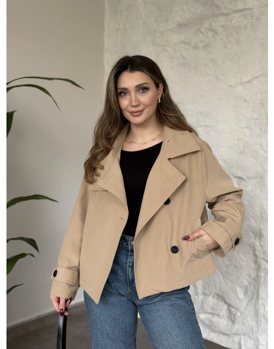 Premium torino kumaş boğazlı düğmeli kısa trenç bej