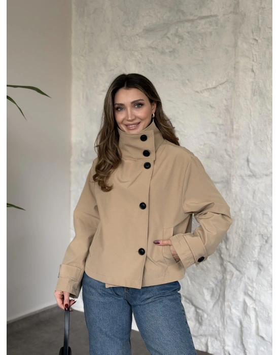 Premium torino kumaş boğazlı düğmeli kısa trenç bej