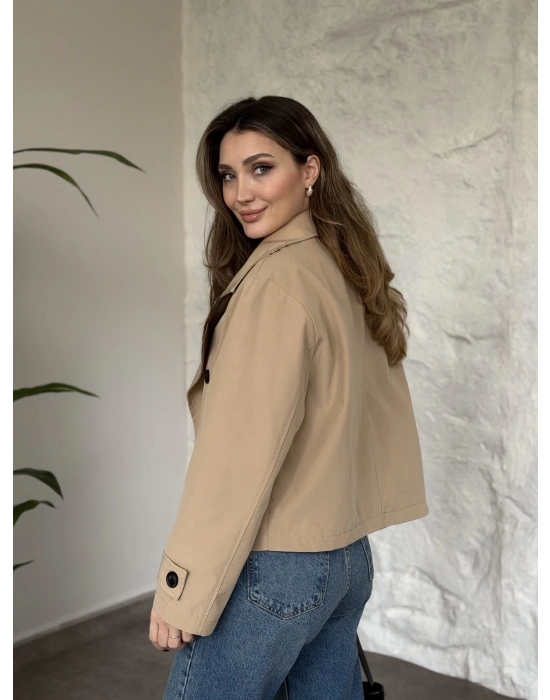 Premium torino kumaş boğazlı düğmeli kısa trenç bej