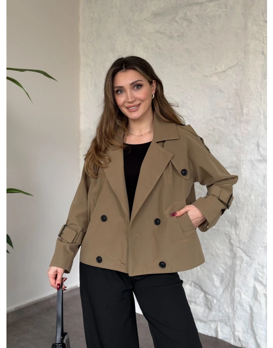 Premium torino kumaş boğazlı düğmeli kısa trenç yeşil