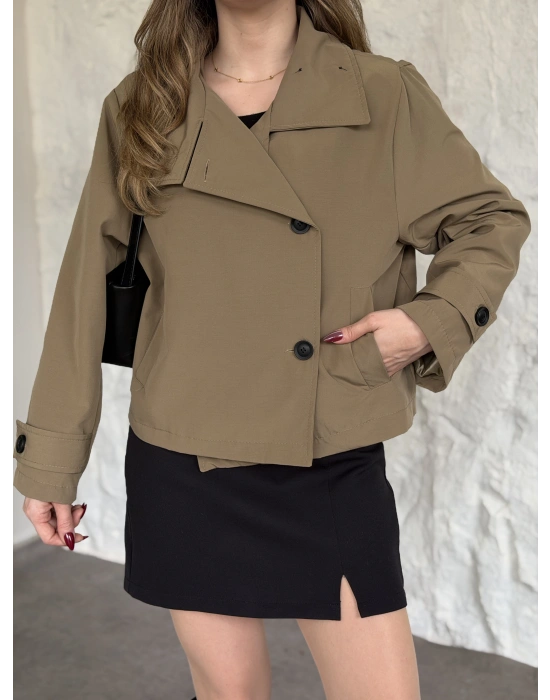 Premium torino kumaş boğazlı düğmeli kısa trenç yeşil