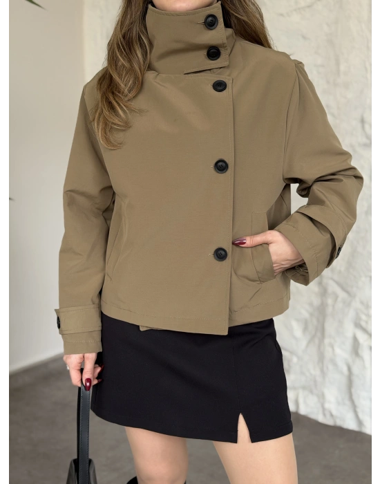 Premium torino kumaş boğazlı düğmeli kısa trenç yeşil