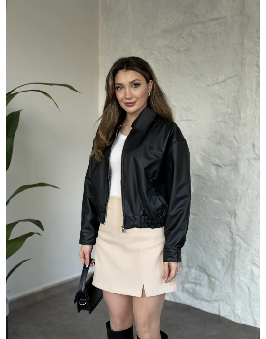 Beli lastikli rahat kesim fermuarlı deri ceket siyah